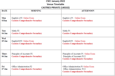 CXC January Deferred Exams Timetable - Clendon Mason Memorial Secondary